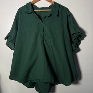Lane Bryant Green Cotton Ruffle Sleeve High Low Blouse Top Size 28